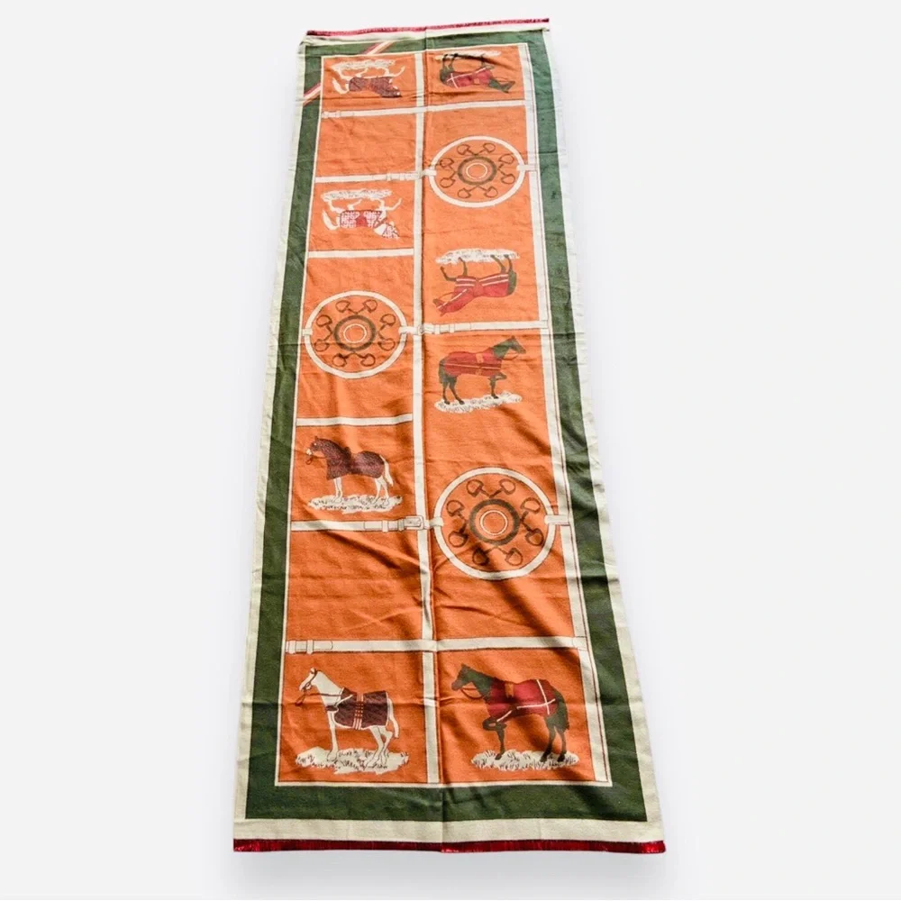 Large Equestrian Novelty Luxury Scarf Shawl Horse Orange Green Fall Autumn Wrap